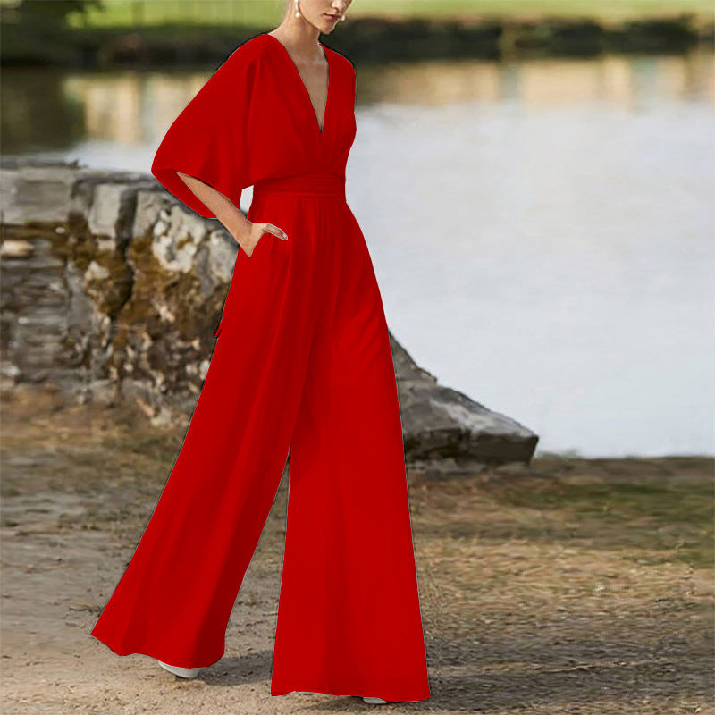 Sara – Salopette Donna Scollo a V Vita Alta Gambe Larghe