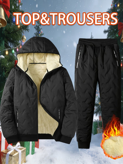 Ensemble Homme Hiver Matelassé Doublure Douce à Capuche - Veste Zippée et Pantalon Jogging