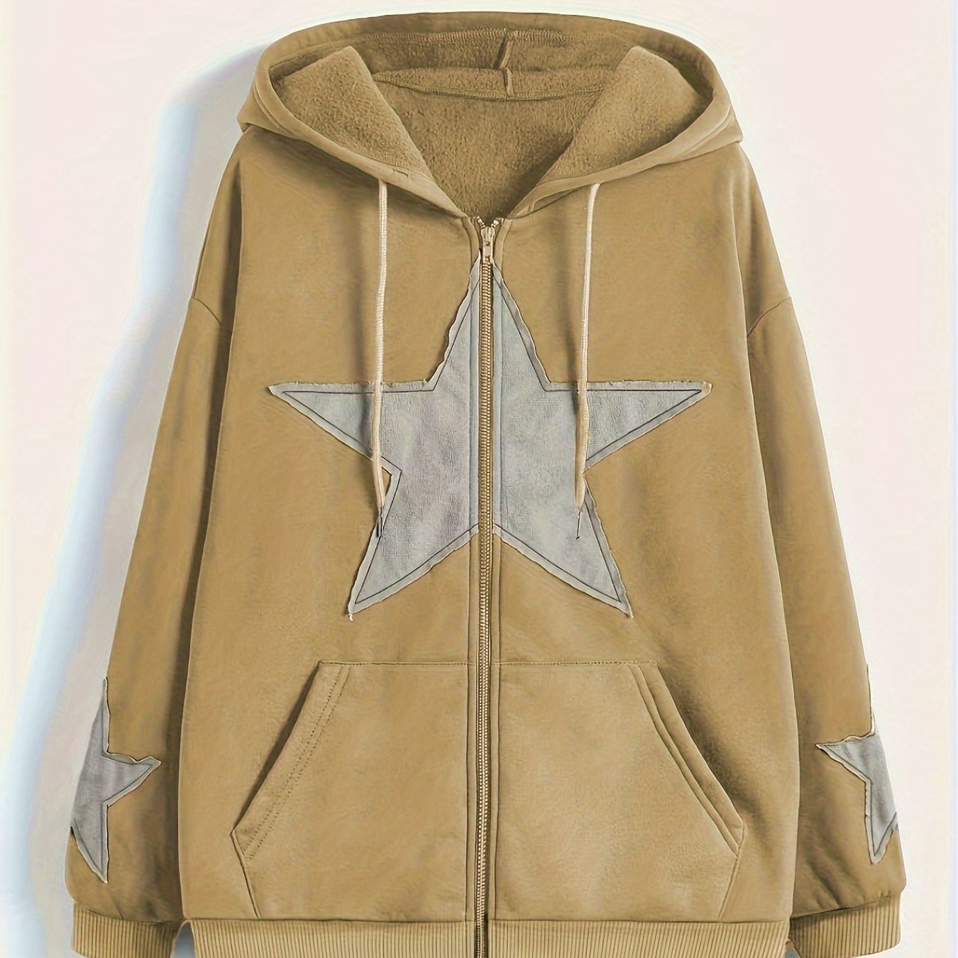 Sweat à capuche zippé marron avec motif étoile gris délavé