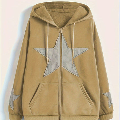 Sweat à capuche zippé marron avec motif étoile gris délavé