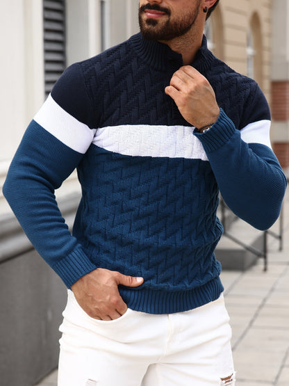 Pull homme tricoté à col montant boutonné rayé