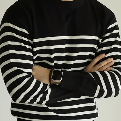 Pull Homme Marinière Col Rond Rayé Manches Longues Noir Blanc
