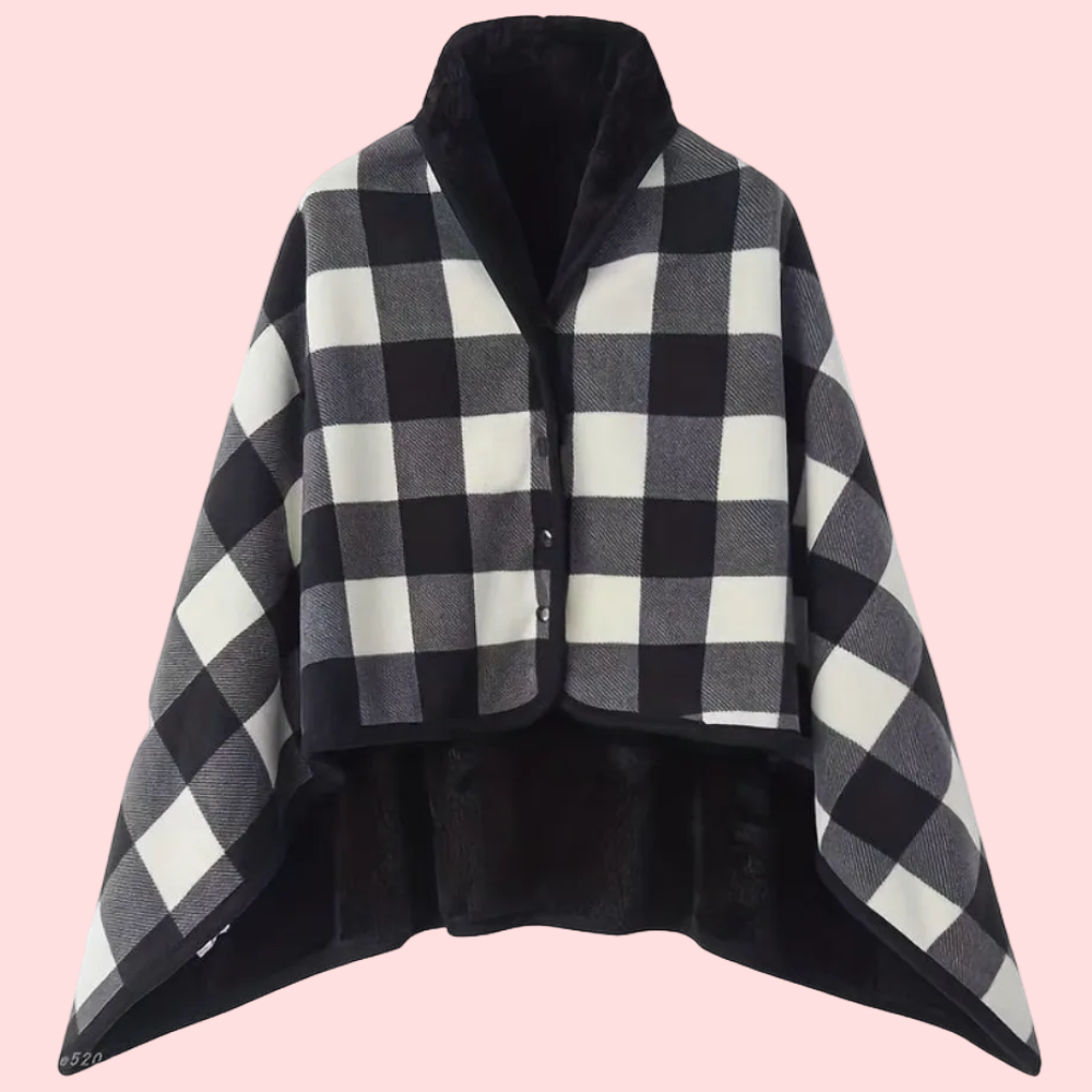 Women's Plaid Snap Button Fleece Lined Poncho Cape