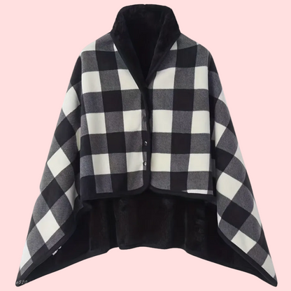 Women's Plaid Snap Button Fleece Lined Poncho Cape