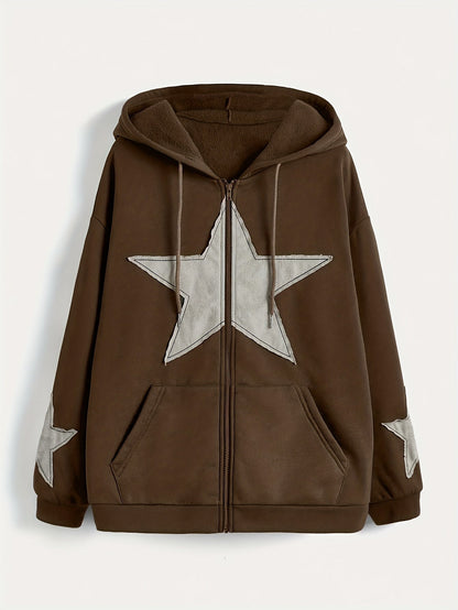 Sweat à capuche zippé marron avec motif étoile gris délavé