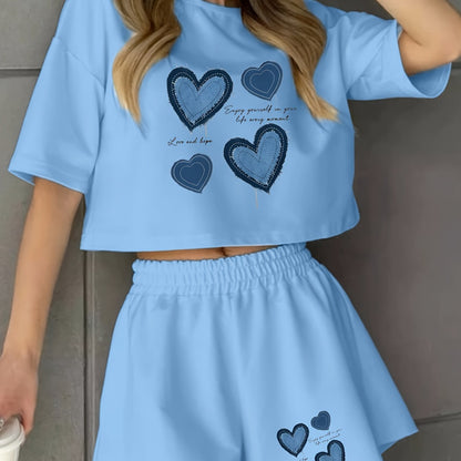 Pyjama d'intérieur décontracté pour femme avec imprimé cœurs bleus – Ensemble short et t-shirt, style cosy pour la maison