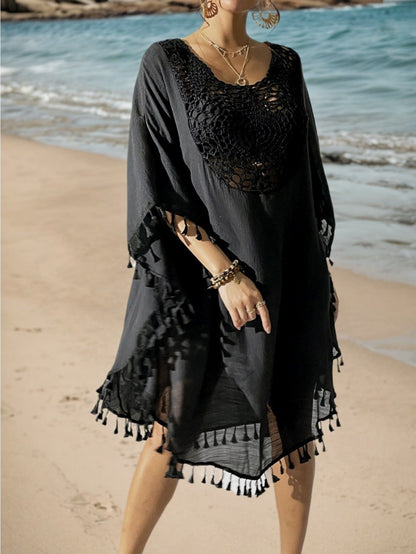 Tunique de plage femme style poncho bohème chic avec crochet et franges - idéal par-dessus maillot