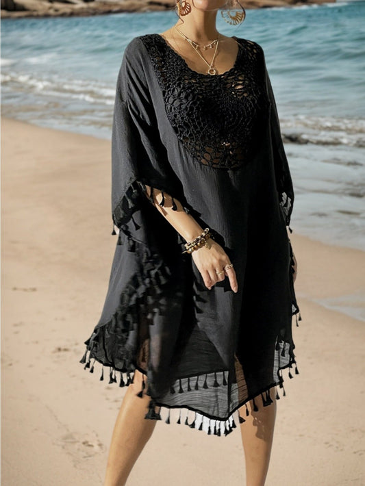 Tunique de plage femme style poncho bohème chic avec crochet et franges - idéal par-dessus maillot