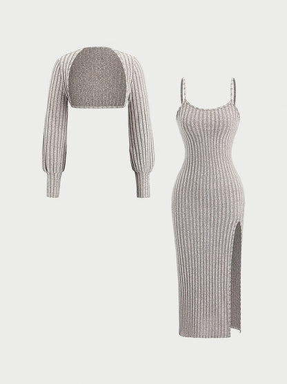 Ensemble Robe Midi Bretelles Fines & Boléro Court Manches Longues Maille Côtelée