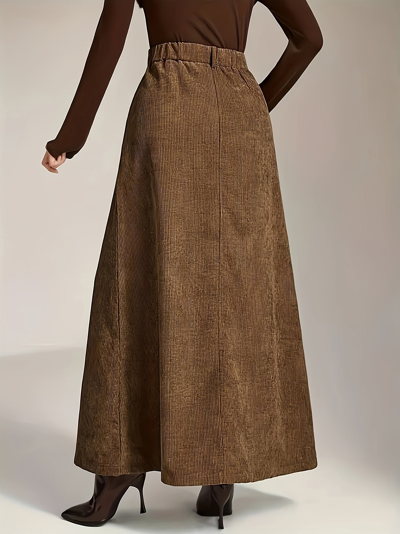 Jupe longue côtelée femme vert olive taille haute décontractée avec poches