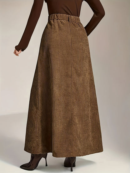 Jupe longue côtelée femme vert olive taille haute décontractée avec poches