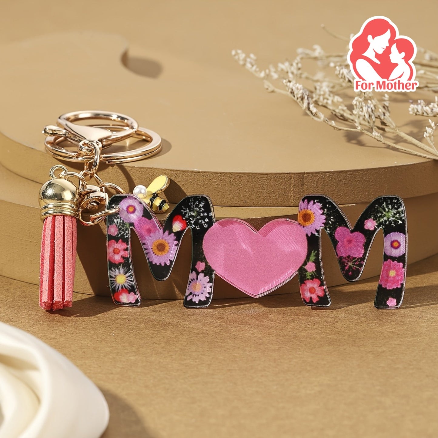 Portachiavi donna stile trendy per la festa della mamma con motivo floreale e cuore