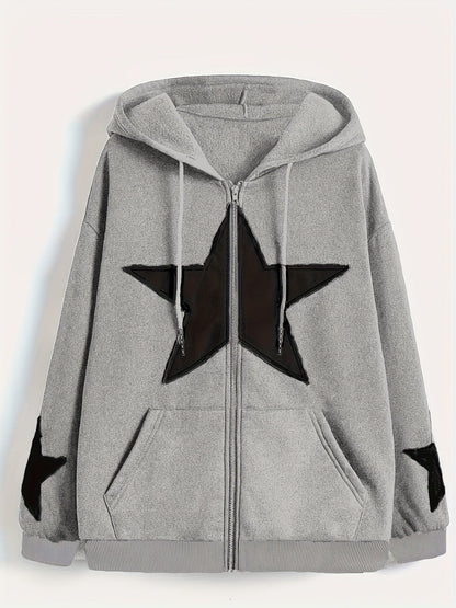 Sweat à capuche zippé marron avec motif étoile gris délavé