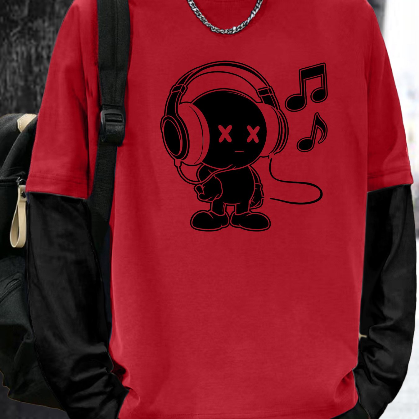T-shirt Homme Manches Longues Superposées Motif Cartoon Casque Musique