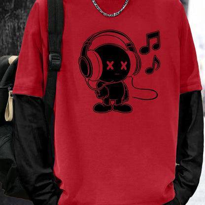 T-shirt Homme Manches Longues Superposées Motif Cartoon Casque Musique