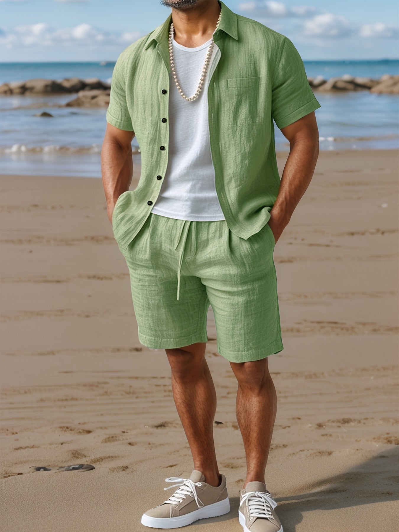 Ensemble décontracté pour homme style bohème – chemise manches courtes et short idéal plage et été