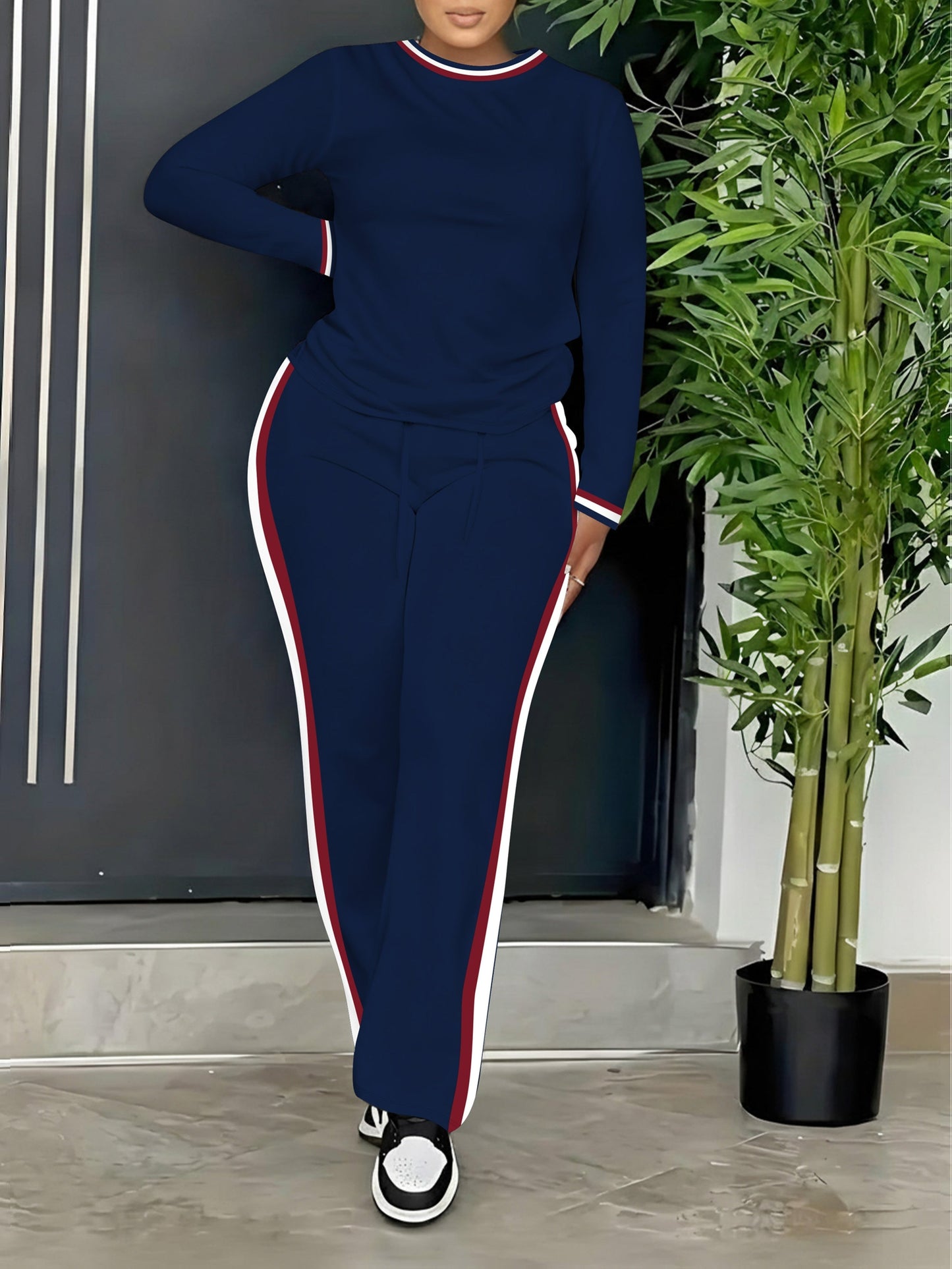 Ensemble Sport Décontracté Femme Manches Longues et Pantalon Rayures Latérales