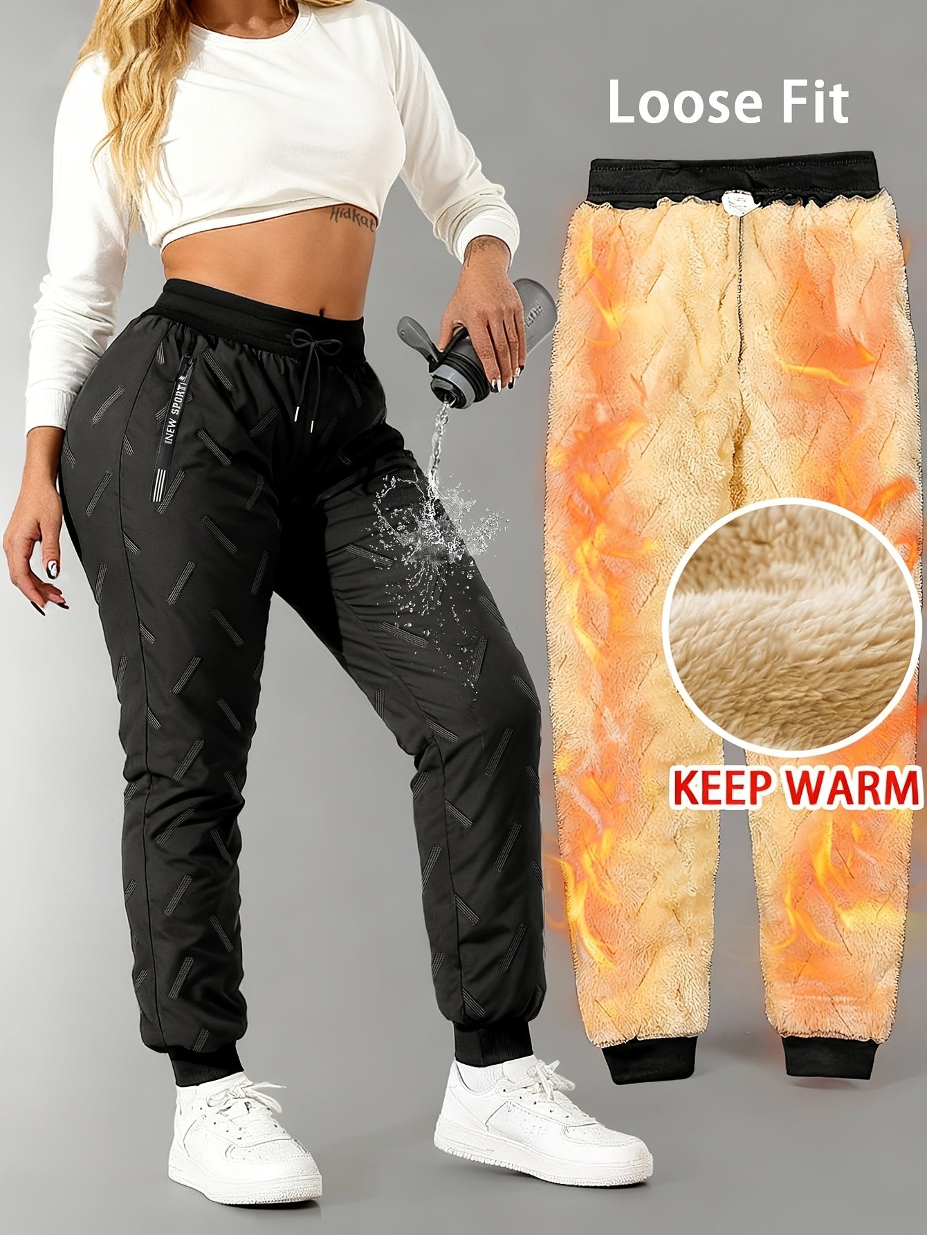 Pantalon de jogging femme doublé polaire chaud à taille élastique