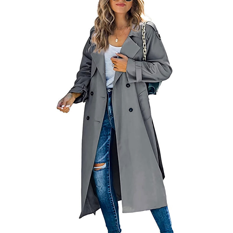 Lange damestrenchcoat - Casual stijl met dubbele rij knopen