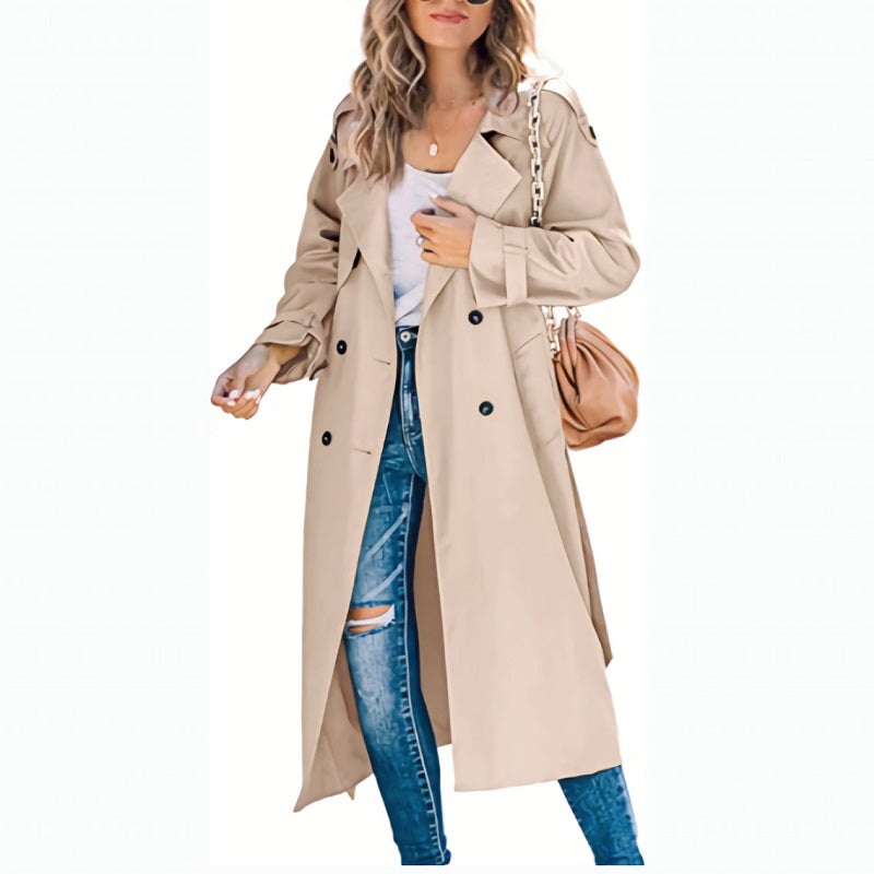 Lange damestrenchcoat - Casual stijl met dubbele rij knopen