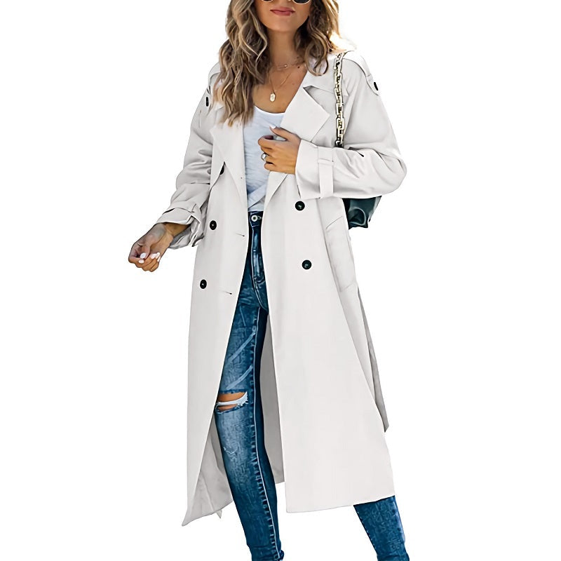 Lange damestrenchcoat - Casual stijl met dubbele rij knopen