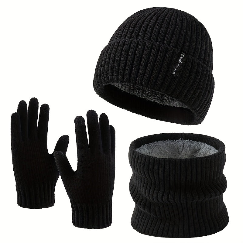 Ensemble Bonnet Écharpe Tour de Cou et Gants Unisexe Tricot Doublé Polaire Hiver