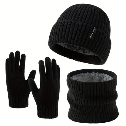 Ensemble Bonnet Écharpe Tour de Cou et Gants Unisexe Tricot Doublé Polaire Hiver