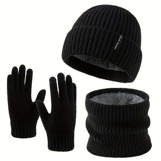 Ensemble Bonnet Écharpe Tour de Cou et Gants Unisexe Tricot Doublé Polaire Hiver