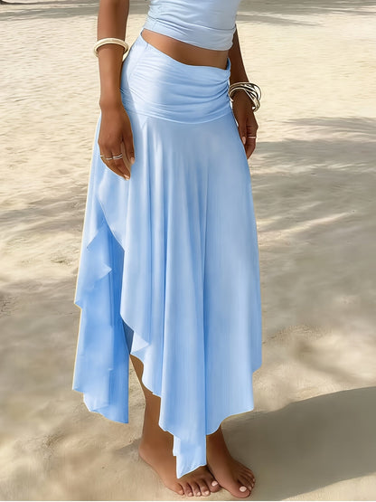 Falda larga de playa para mujer estilo bohemio con cintura fruncida y dobladillo asimétrico - Ideal para vacaciones y la costa