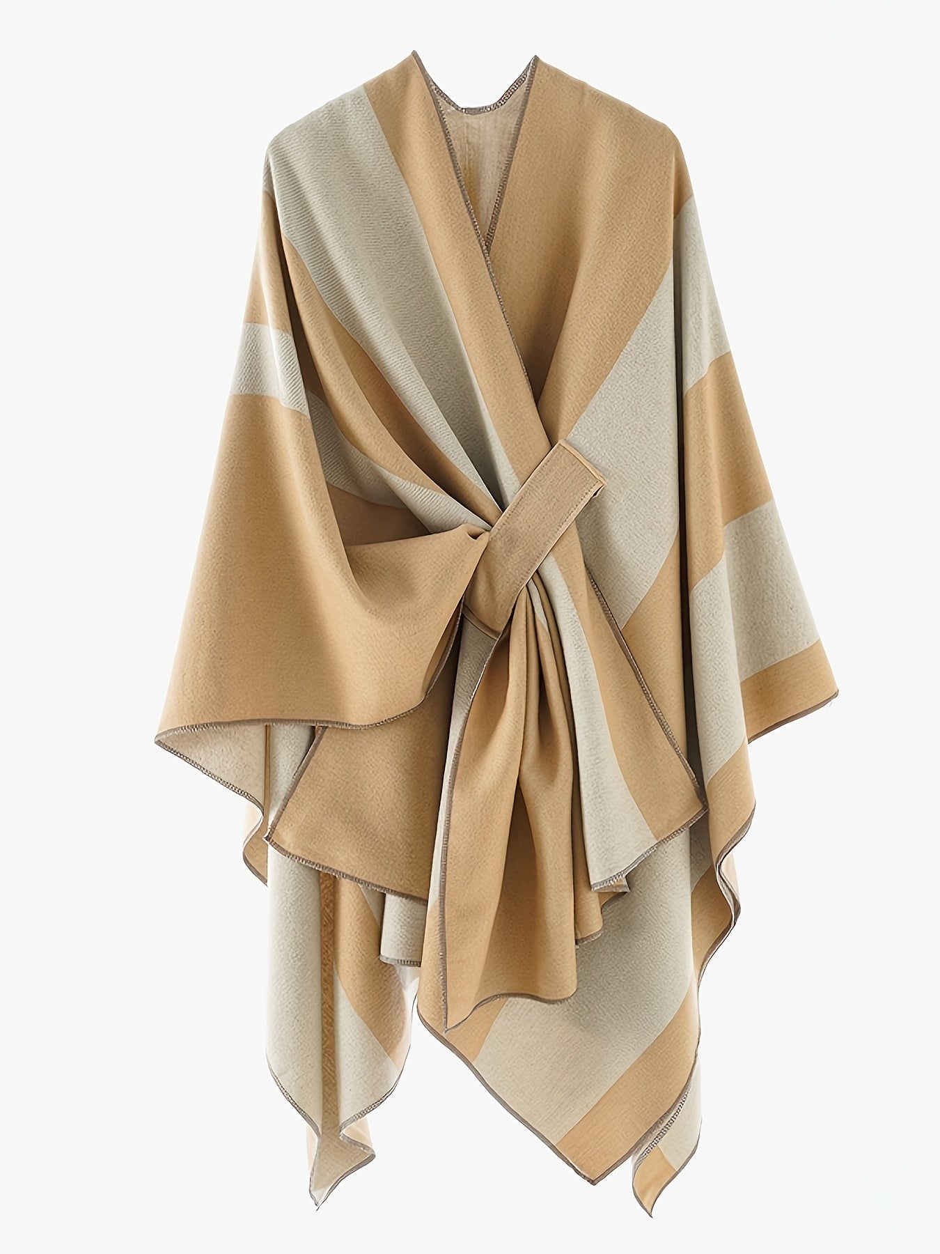 Poncho Cape Femme Rayé Bicolore avec Nœud Décoratif Doux