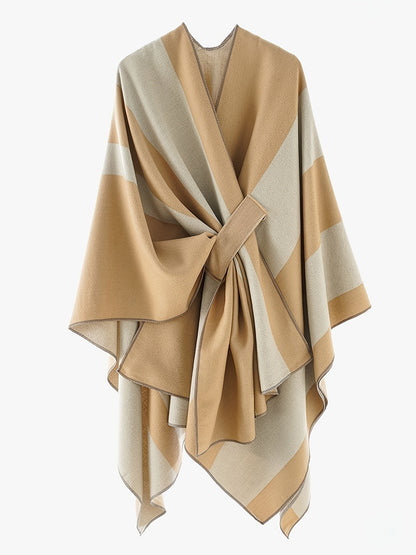 Poncho Cape Femme Rayé Bicolore avec Nœud Décoratif Doux