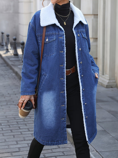 Manteau long en jean bleu délavé doublé doux pour femme