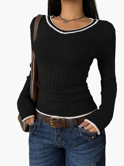 Damtröja med V-ringning och ribbad effekt i casual chic stil