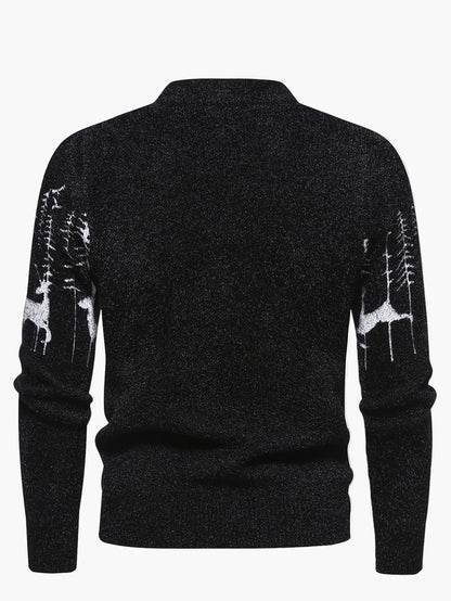 Maglione uomo stile nordico con collo rotondo, motivo cervi e foresta, inverno casual