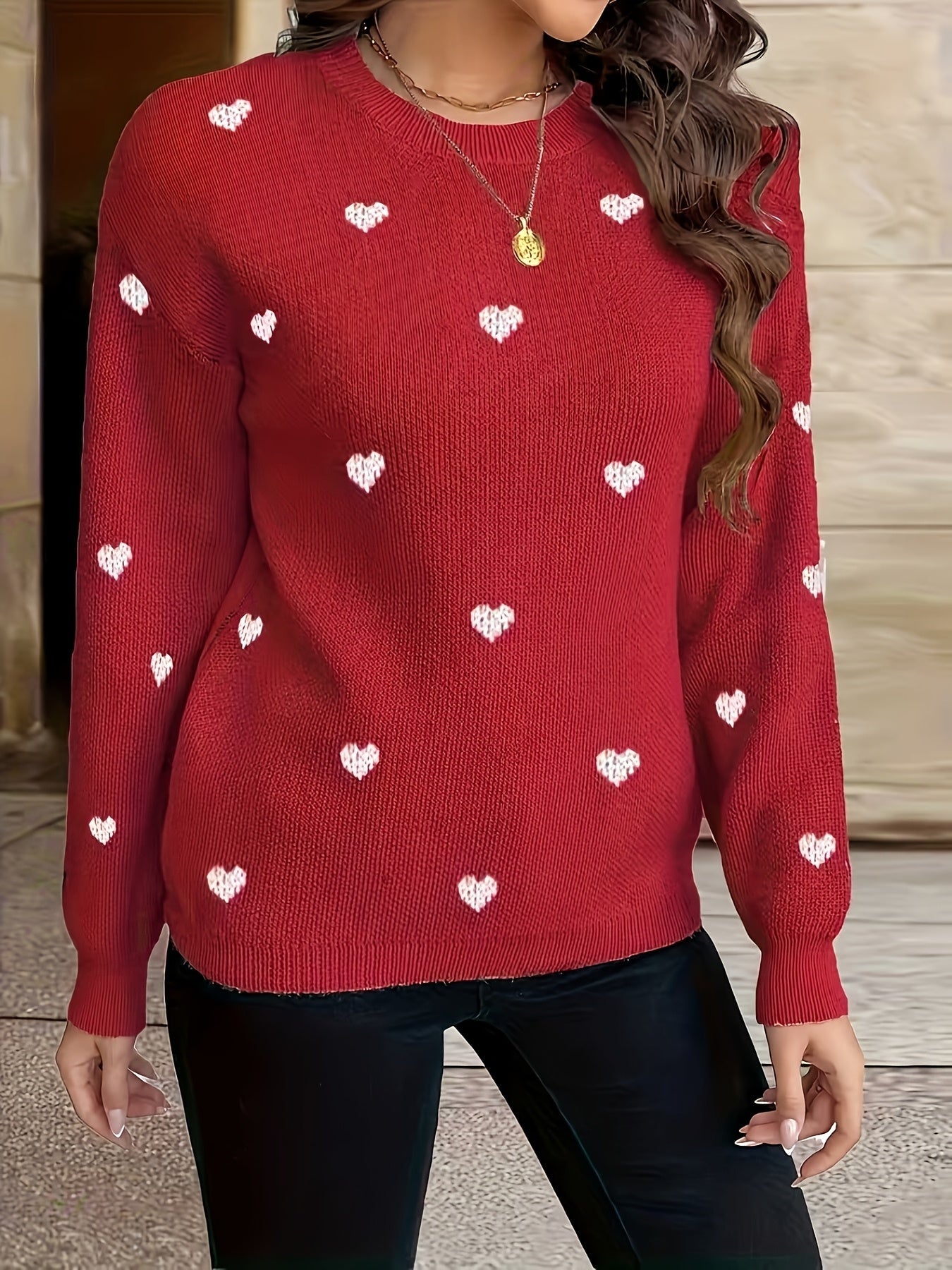 Pull Femme Col Rond en Maille Coeurs Beige Noir