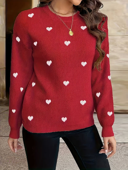 Pull Femme Col Rond en Maille Coeurs Beige Noir