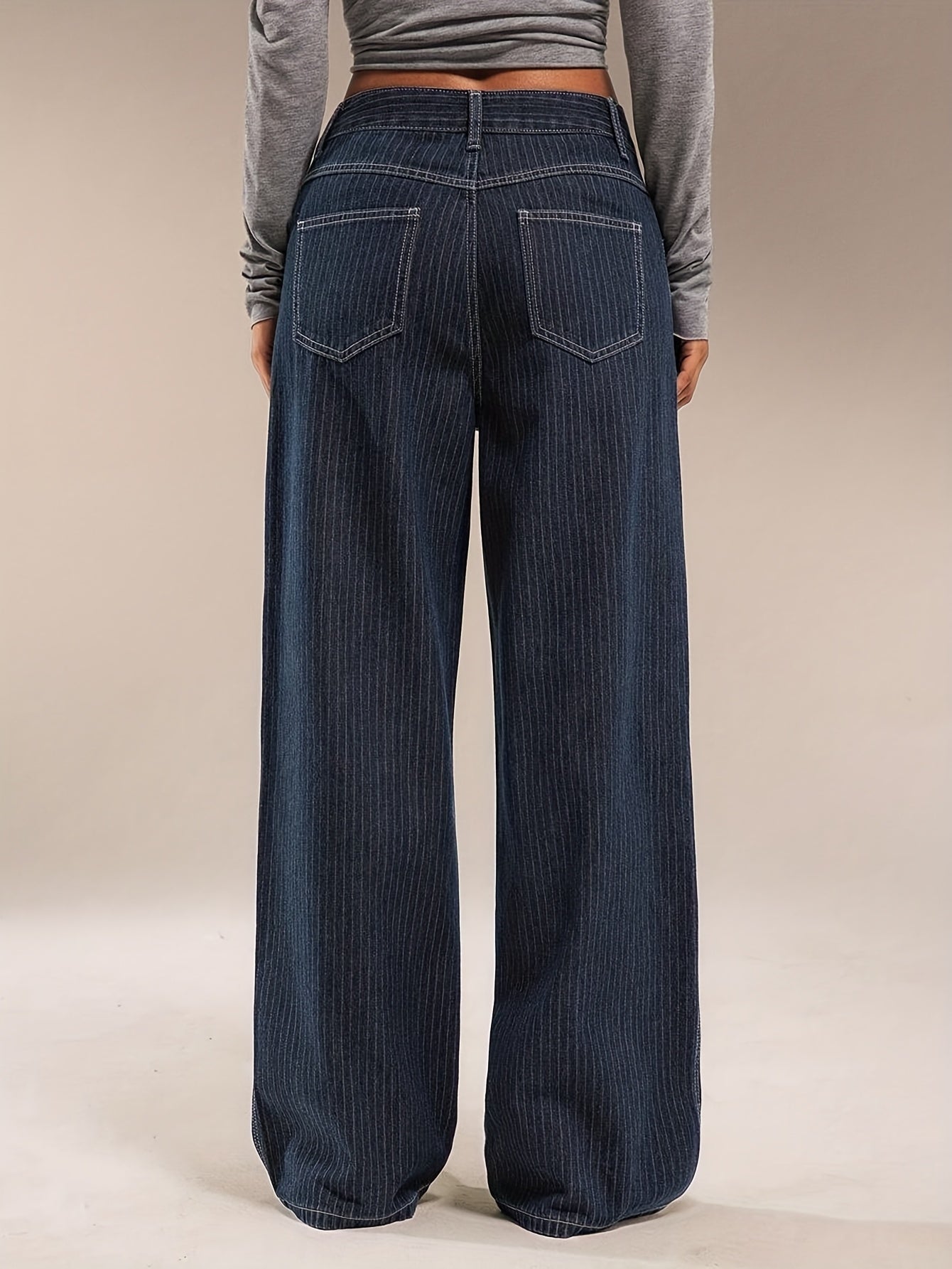 Jean large délavé bleu marine rayé taille haute pour femme