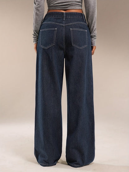Jean large délavé bleu marine rayé taille haute pour femme