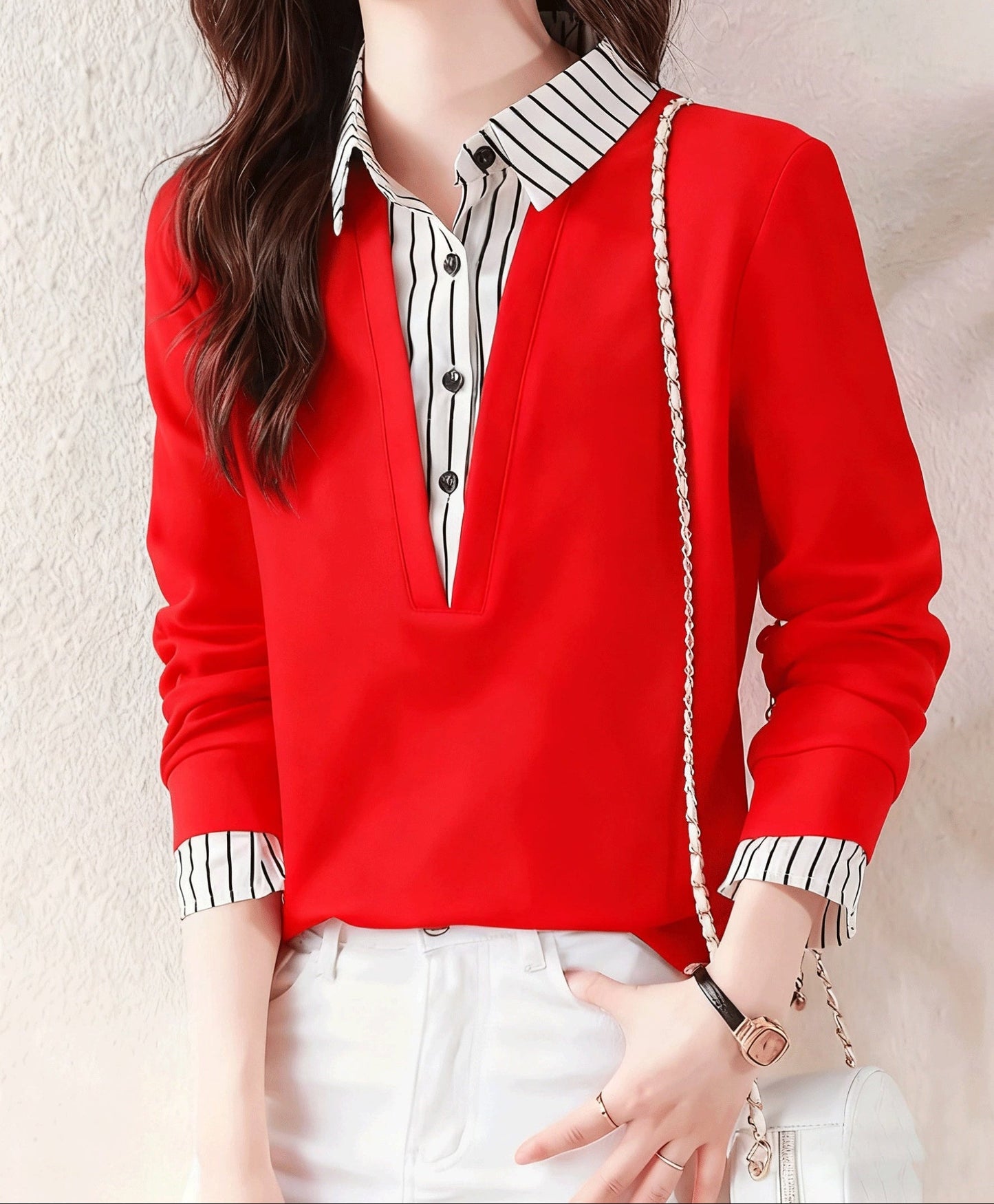 T-shirt Femme Col Chemise Rayé Manches Longues Faux Deux Pièces