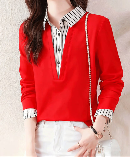 T-shirt Femme Col Chemise Rayé Manches Longues Faux Deux Pièces