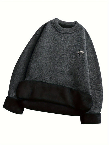Sweat-shirt polaire homme à col rond, doublure chaude et côtelée, pull uni décontracté