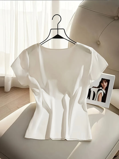 Elegant damebluse med korte ærmer og dekorativ sløjfe, chic stil til kontor og udflugter