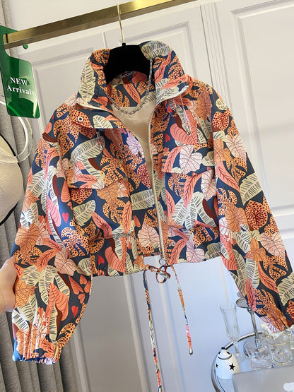 Veste courte à motif floral et abstrait pour femme avec col montant et cordon de serrage