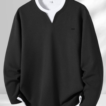 Pull Homme Maille Gaufre Bicolore Col V Manches Longues Gris
