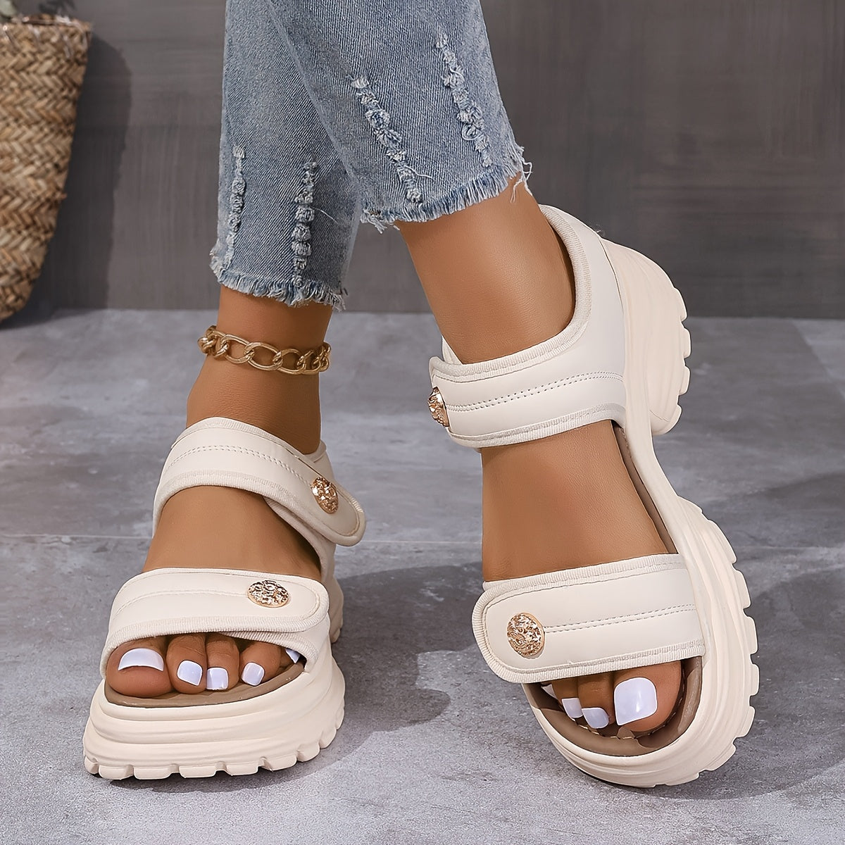Sandales compensées élégantes pour femme à scratch – Style urbain décontracté