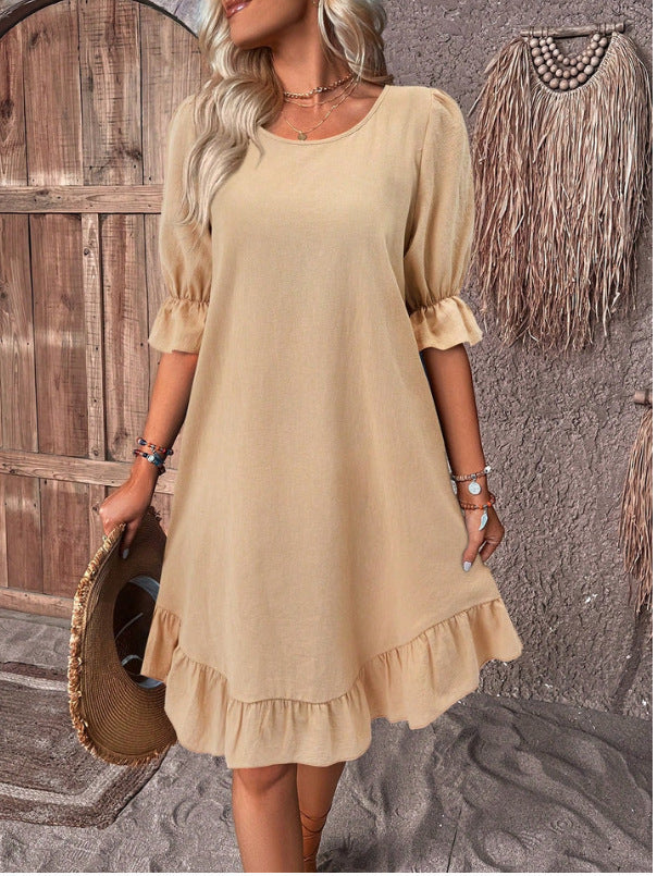 Amanda – Robe d'été à manches courtes avec volants de couleur unie et col rond