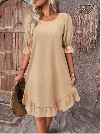 Amanda – Robe d'été à manches courtes avec volants de couleur unie et col rond