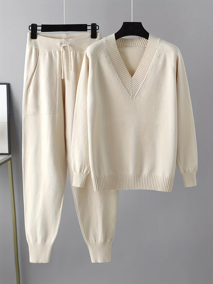 Ensemble pull col V et pantalon jogger, tricot doux, beige clair