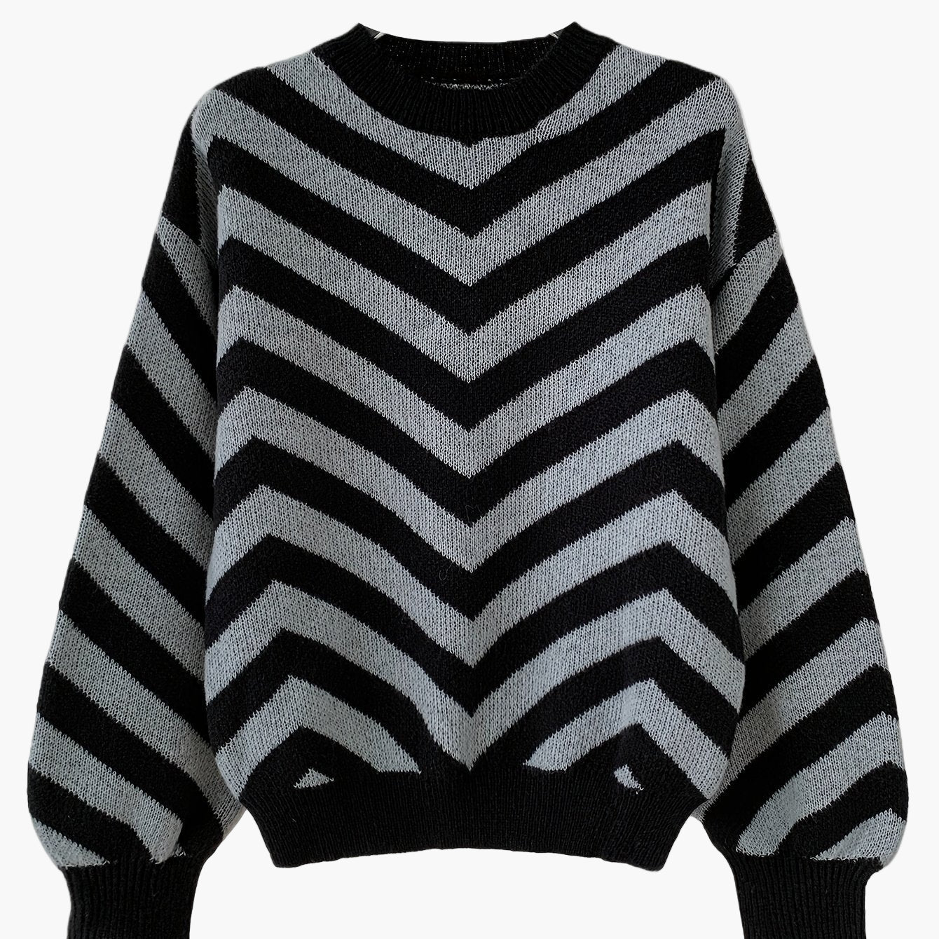 Elegancki sweter damski w paski jodełkowe, styl jesienno-zimowy, z długim rękawem, luźny krój
