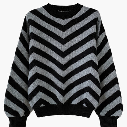 Elegancki sweter damski w paski jodełkowe, styl jesienno-zimowy, z długim rękawem, luźny krój
